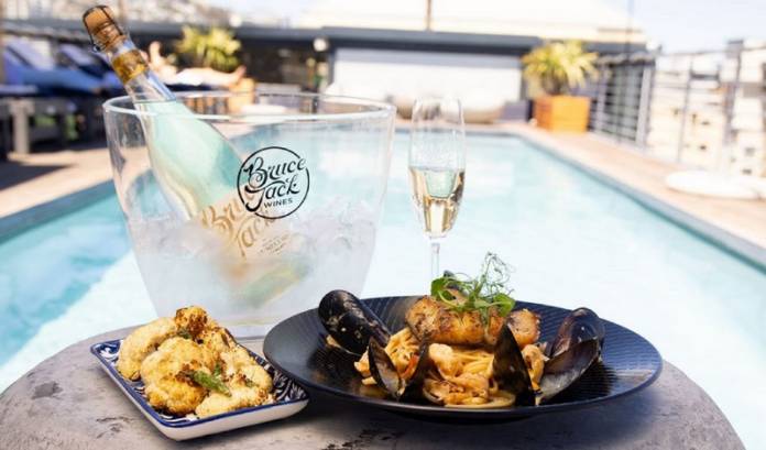 Bruce Jack Bumble Bee Moscato with Seafood on the pool deck at Jack@SKYE Rooftop Bar (Copy) Bruce Jack