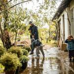 Son helping father and sweeping water from front yard on rainy day
