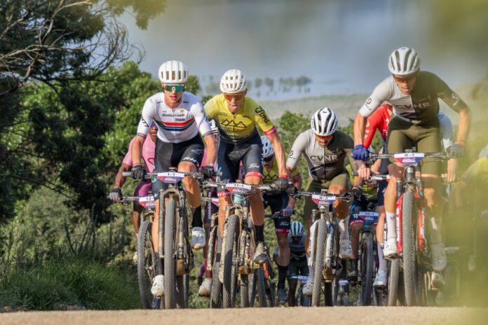 The first climb, 15 kilometres into the race, did not split the UCI Men’s field. Photo by Oakpics.com. Cape Pioneer