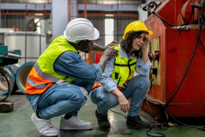Tired,Female,Worker,Feeling,Sick,After,Stressed,Work,In,Manufacturing